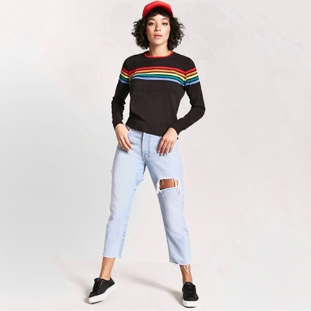 Forever 21 Multicolor Stripe Cropped Crewneck Sweater Black XS